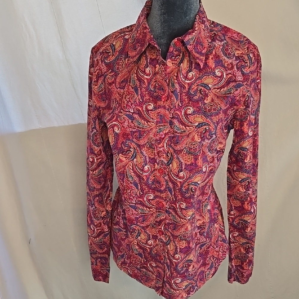 Izod Pink Paisley Button Up Collared Long Sleeve Shirt 100% Cotton EUC Sz Med
